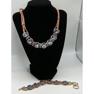 St‎ Thomas Gold Tone Blue Gem Demi Parure Tan Cord Leather Style